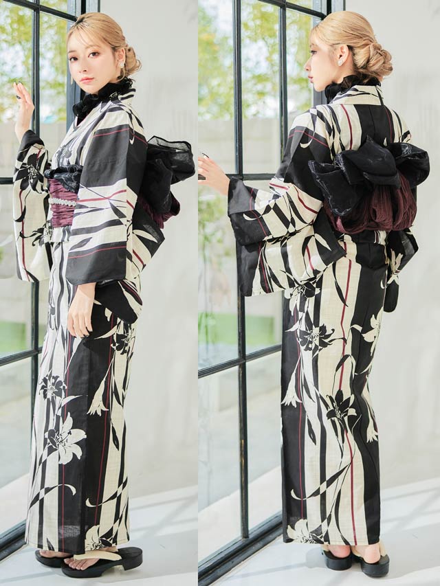 [3点SET]縦縞モノクロ百合柄浴衣【YUKATA by dazzy 2025】