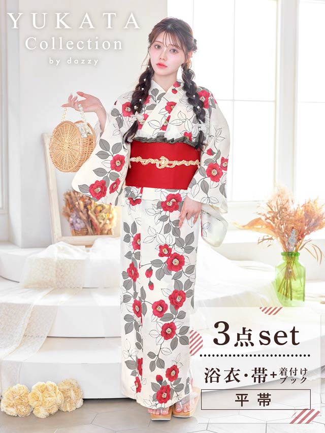 [3点SET]白地×赤椿柄浴衣【YUKATA by dazzy 2025】
