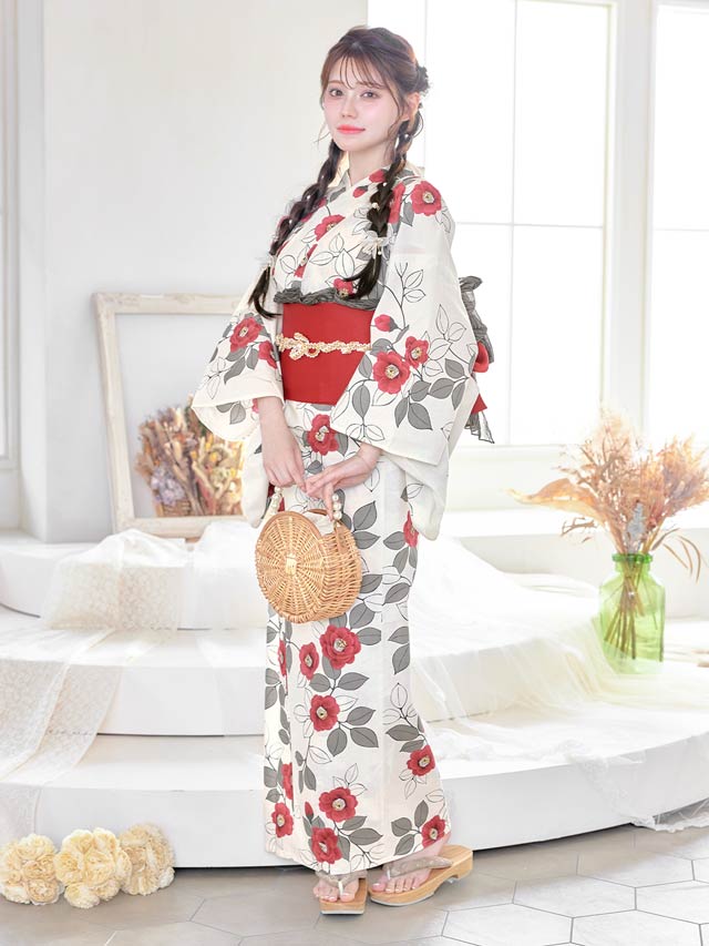 [3点SET]白地×赤椿柄浴衣【YUKATA by dazzy 2025】