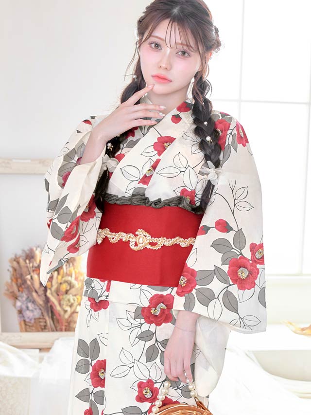 [3点SET]白地×赤椿柄浴衣【YUKATA by dazzy 2025】
