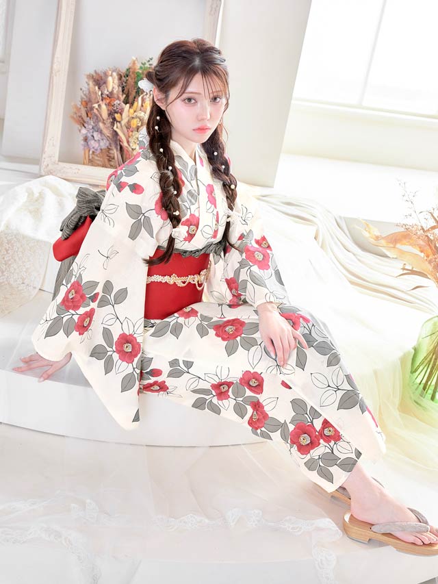 [3点SET]白地×赤椿柄浴衣【YUKATA by dazzy 2025】