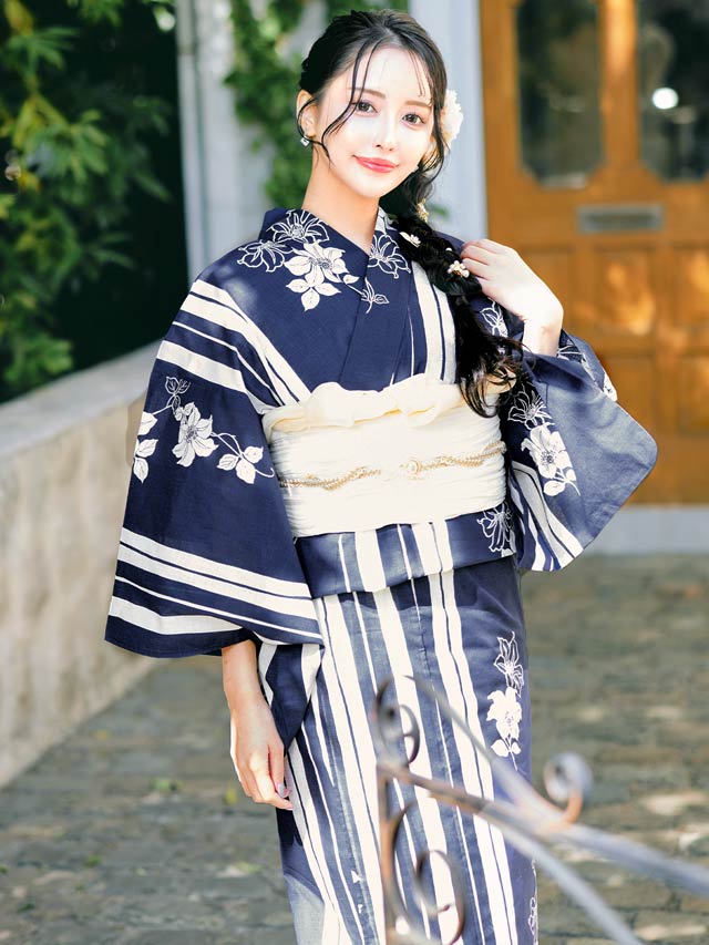 [3点SET]ストライプ×百合柄浴衣【YUKATA by dazzy 2025】