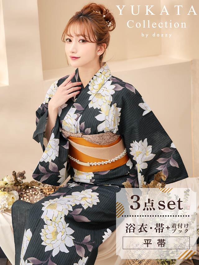 [3点SET]縦縞×牡丹柄浴衣【YUKATA by dazzy 2025】