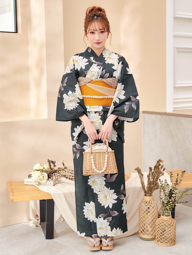 [3点SET]縦縞×牡丹柄浴衣【YUKATA by dazzy 2025】
