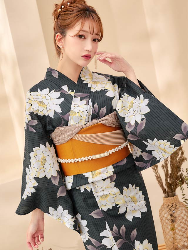 [3点SET]縦縞×牡丹柄浴衣【YUKATA by dazzy 2025】