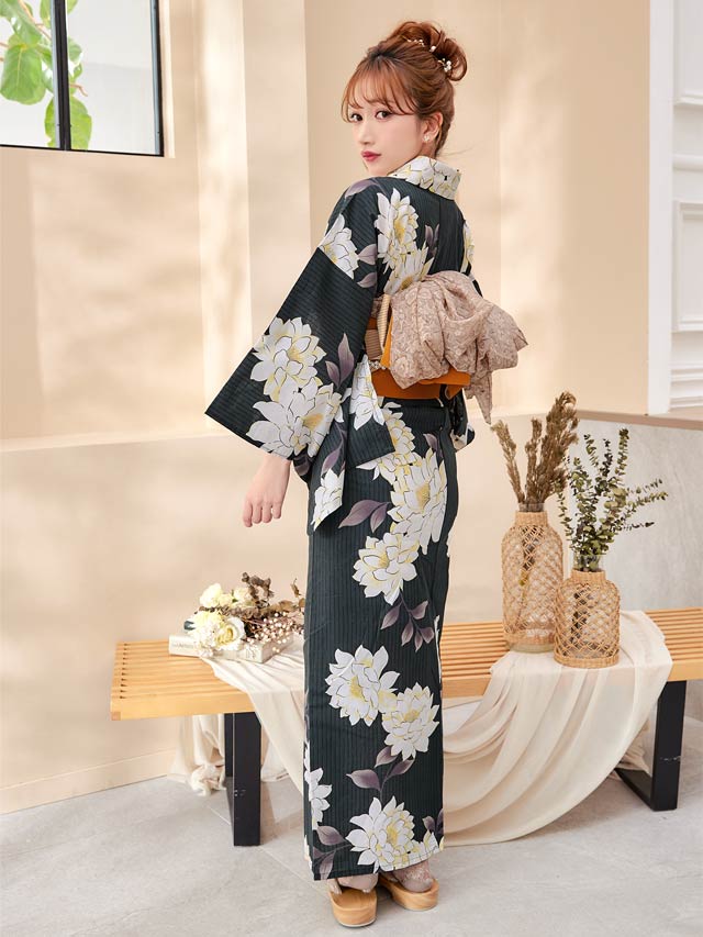 [3点SET]縦縞×牡丹柄浴衣【YUKATA by dazzy 2025】