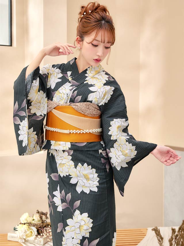 [3点SET]縦縞×牡丹柄浴衣【YUKATA by dazzy 2025】