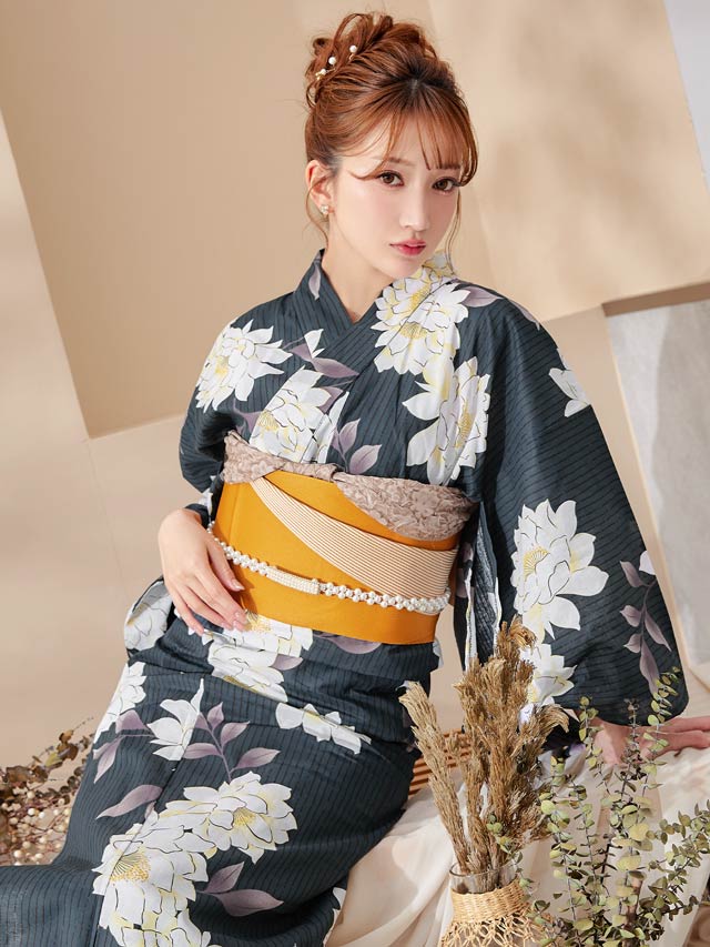 [3点SET]縦縞×牡丹柄浴衣【YUKATA by dazzy 2025】