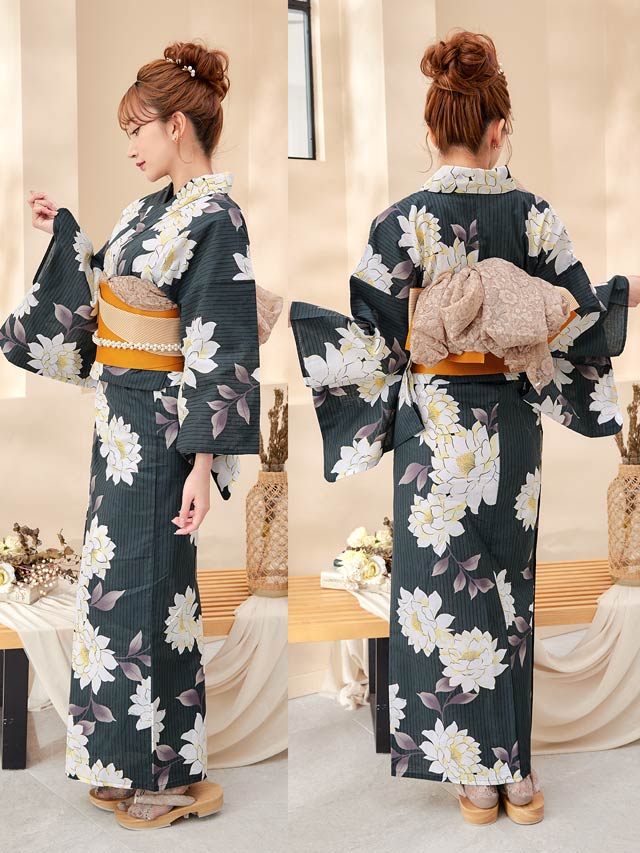[3点SET]縦縞×牡丹柄浴衣【YUKATA by dazzy 2025】