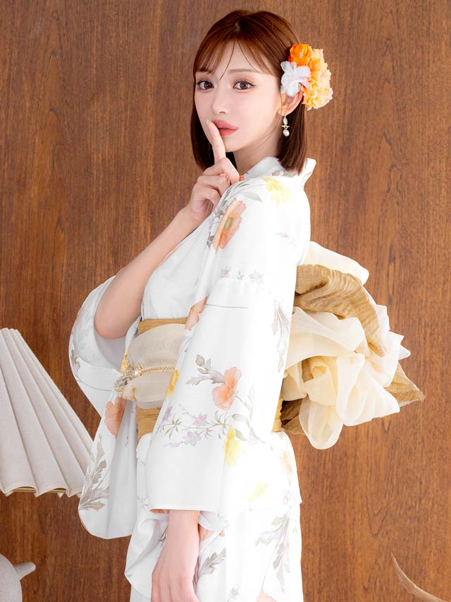 [ワンピース浴衣] 白地×パステルポピー柄浴衣[4点SET]【YUKATA by dazzy 2025】