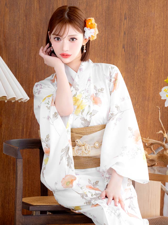 [ワンピース浴衣] 白地×パステルポピー柄浴衣[4点SET]【YUKATA by dazzy 2025】