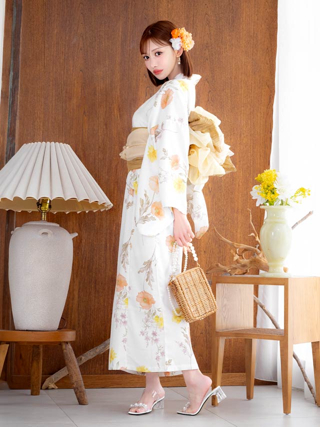 [ワンピース浴衣] 白地×パステルポピー柄浴衣[4点SET]【YUKATA by dazzy 2025】
