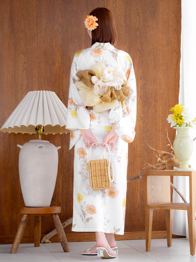 [ワンピース浴衣] 白地×パステルポピー柄浴衣[4点SET]【YUKATA by dazzy 2025】