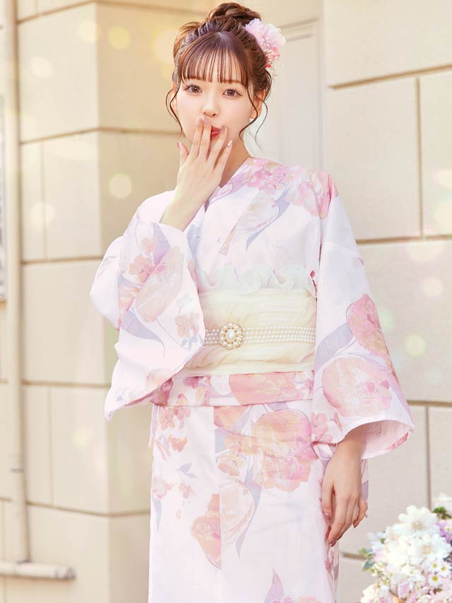 [3点SET]淡桃水彩チューリップ柄浴衣【YUKATA by dazzy 2025】