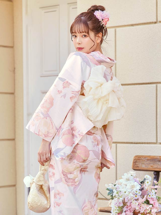 [3点SET]淡桃水彩チューリップ柄浴衣【YUKATA by dazzy 2025】