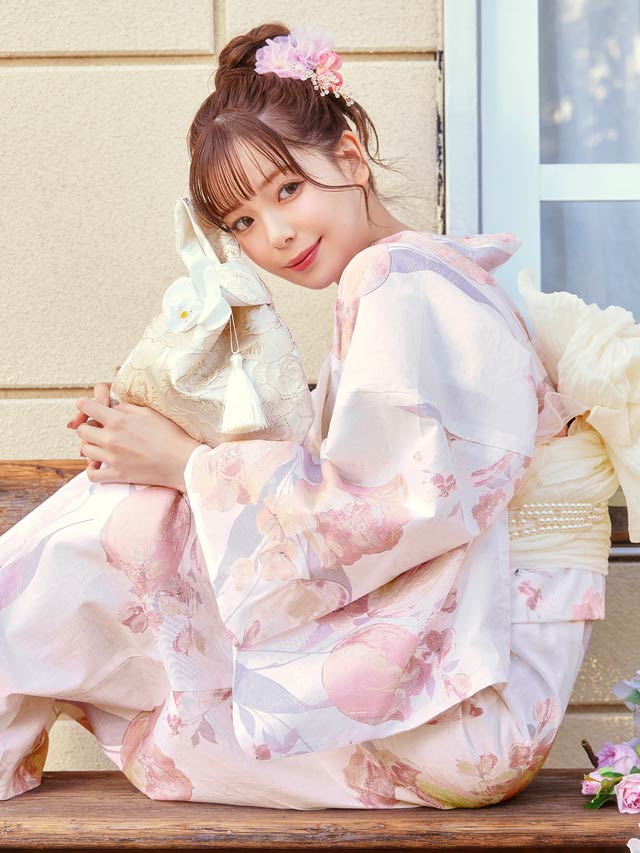 [3点SET]淡桃水彩チューリップ柄浴衣【YUKATA by dazzy 2025】