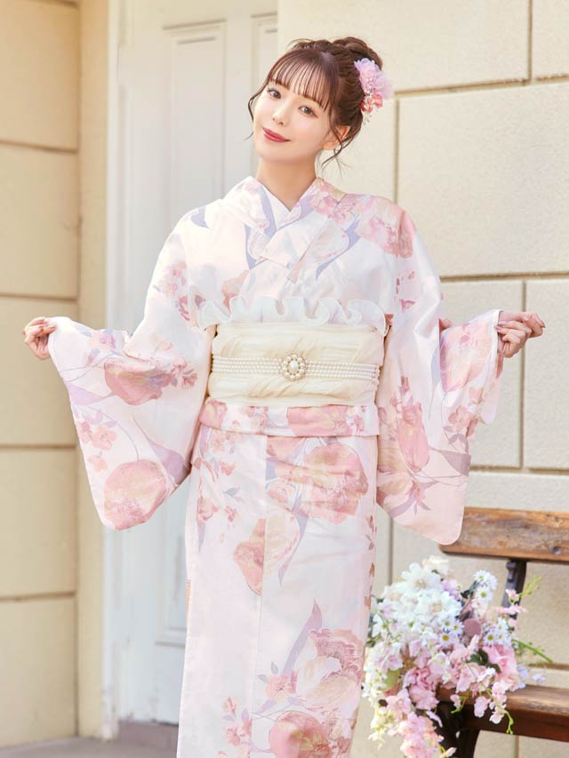 [3点SET]淡桃水彩チューリップ柄浴衣【YUKATA by dazzy 2025】