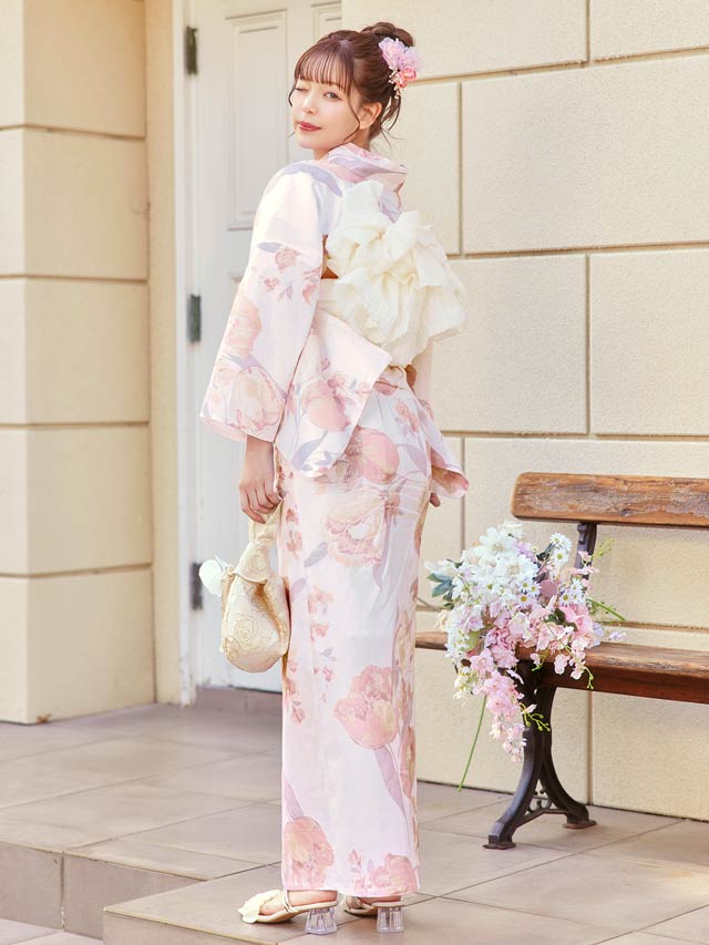 [3点SET]淡桃水彩チューリップ柄浴衣【YUKATA by dazzy 2025】