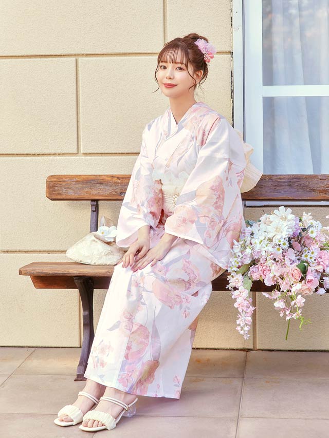 [3点SET]淡桃水彩チューリップ柄浴衣【YUKATA by dazzy 2025】