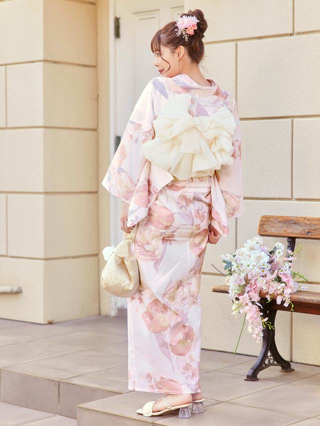 [3点SET]淡桃水彩チューリップ柄浴衣【YUKATA by dazzy 2025】