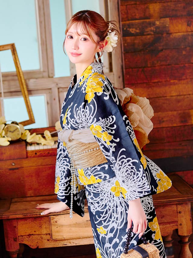 [3点SET]濃紺×乱れ菊柄浴衣【YUKATA by dazzy 2025】