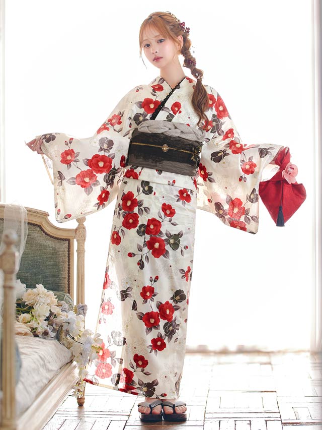 [3点SET]レトロ紅椿柄浴衣【YUKATA by dazzy 2025】