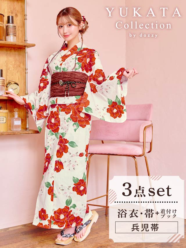[3点SET]白地×ビビット紅椿柄浴衣【YUKATA by dazzy 2025】