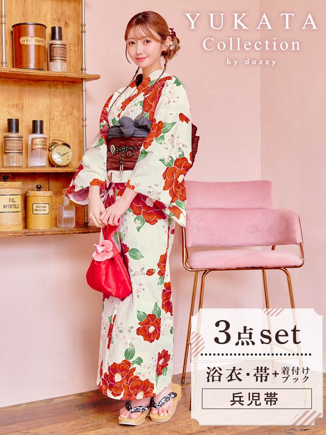 [3点SET]白地×ビビット紅椿柄浴衣【YUKATA by dazzy 2025】