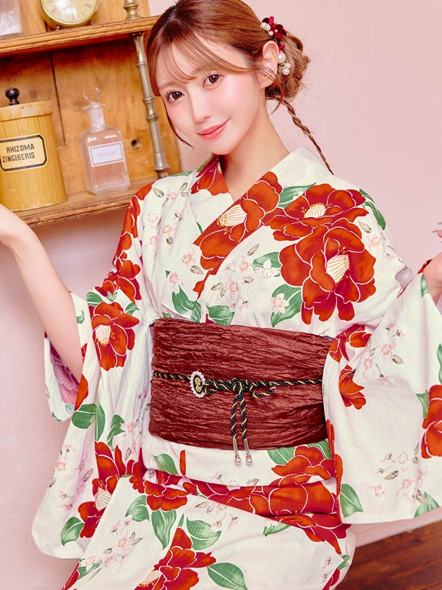 [3点SET]白地×ビビット紅椿柄浴衣【YUKATA by dazzy 2025】