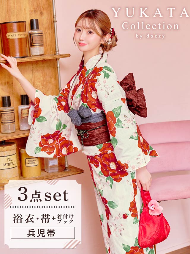 [3点SET]白地×ビビット紅椿柄浴衣【YUKATA by dazzy 2025】