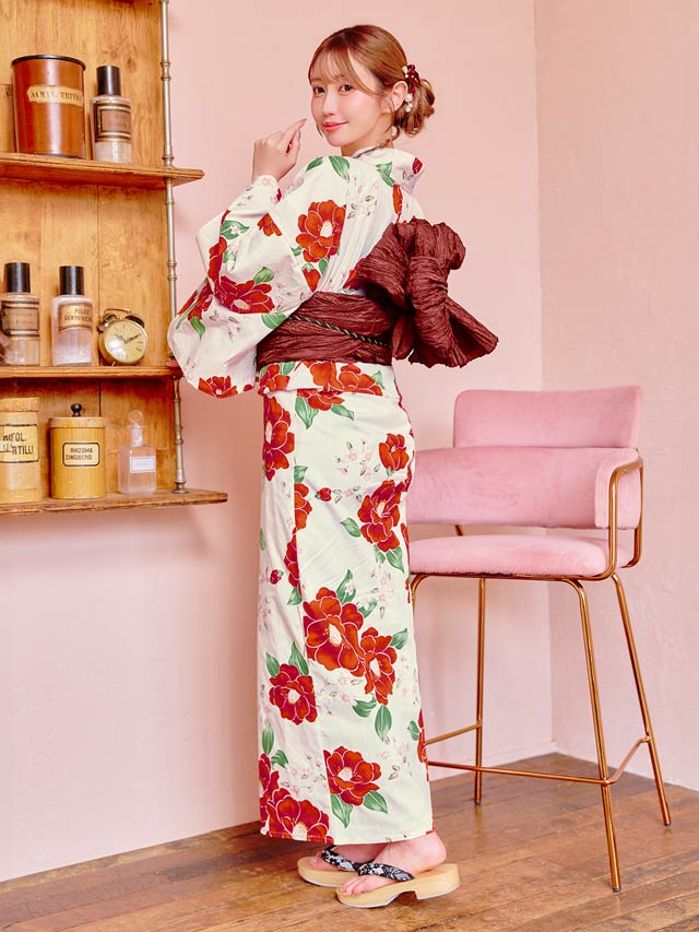 [3点SET]白地×ビビット紅椿柄浴衣【YUKATA by dazzy 2025】