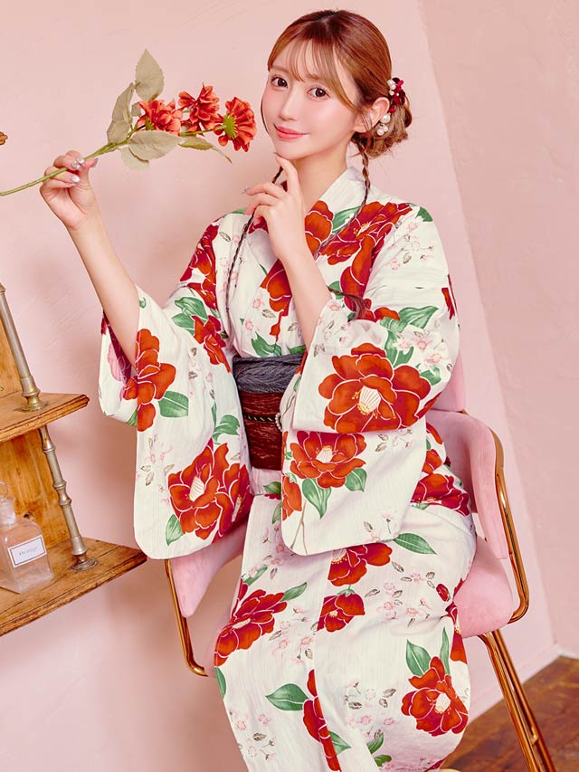 [3点SET]白地×ビビット紅椿柄浴衣【YUKATA by dazzy 2025】