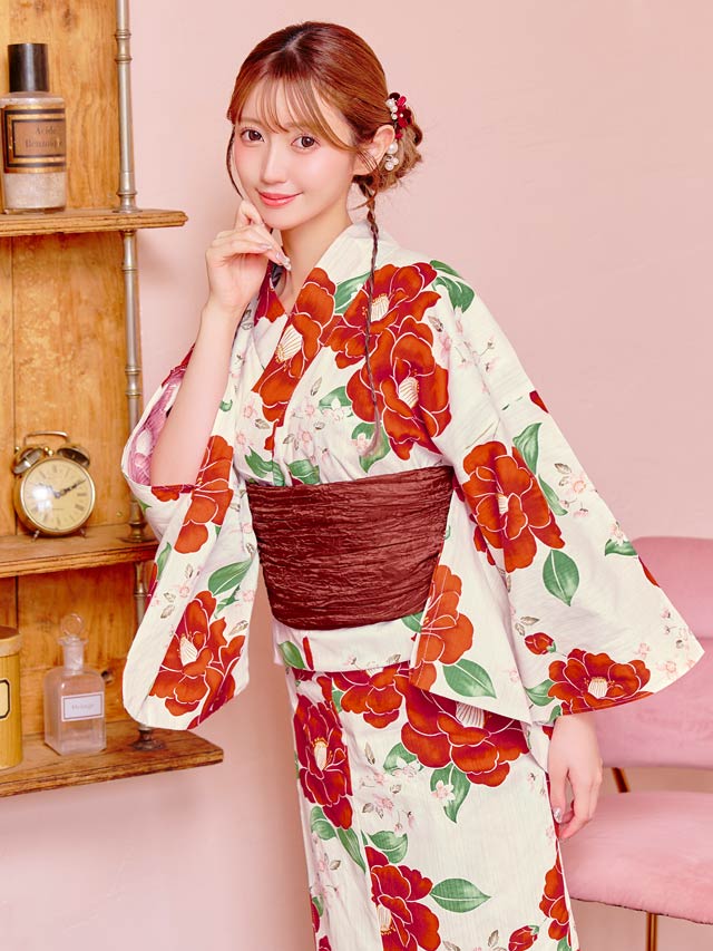 [3点SET]白地×ビビット紅椿柄浴衣【YUKATA by dazzy 2025】