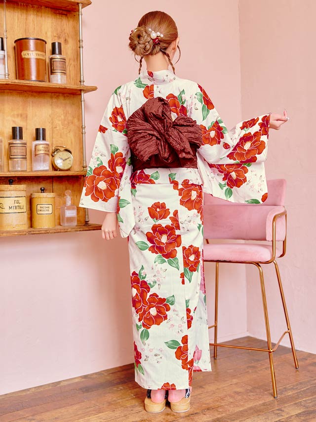 [3点SET]白地×ビビット紅椿柄浴衣【YUKATA by dazzy 2025】