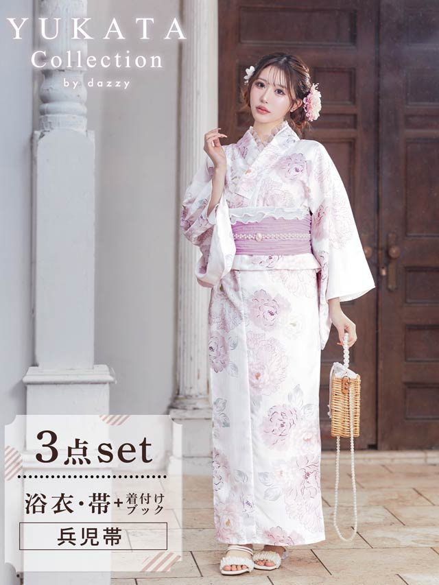[3点SET]パステル線画八重咲薔薇柄浴衣【YUKATA by dazzy 2025】