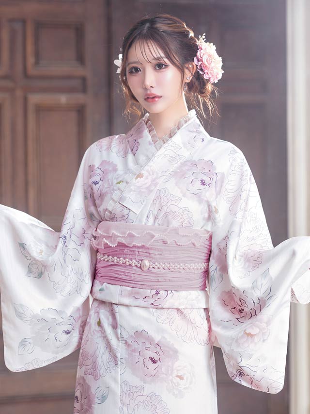 [3点SET]パステル線画八重咲薔薇柄浴衣【YUKATA by dazzy 2025】