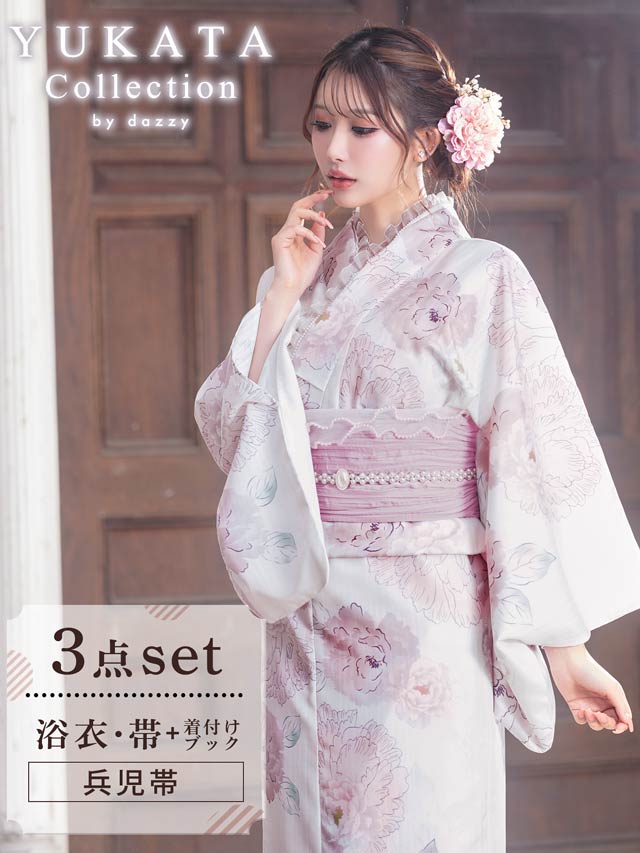 [3点SET]パステル線画八重咲薔薇柄浴衣【YUKATA by dazzy 2025】