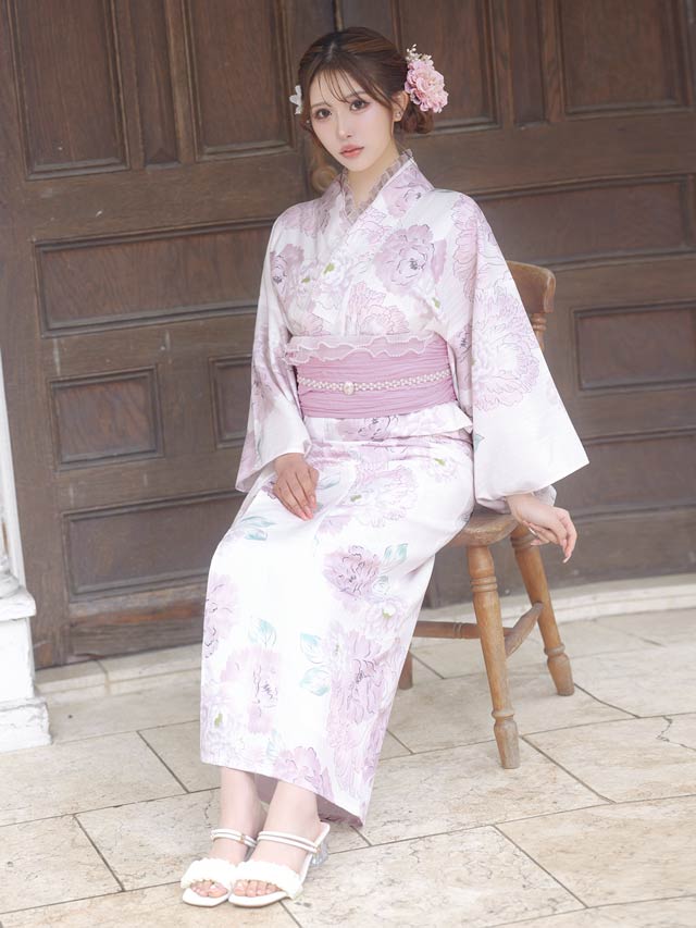 [3点SET]パステル線画八重咲薔薇柄浴衣【YUKATA by dazzy 2025】