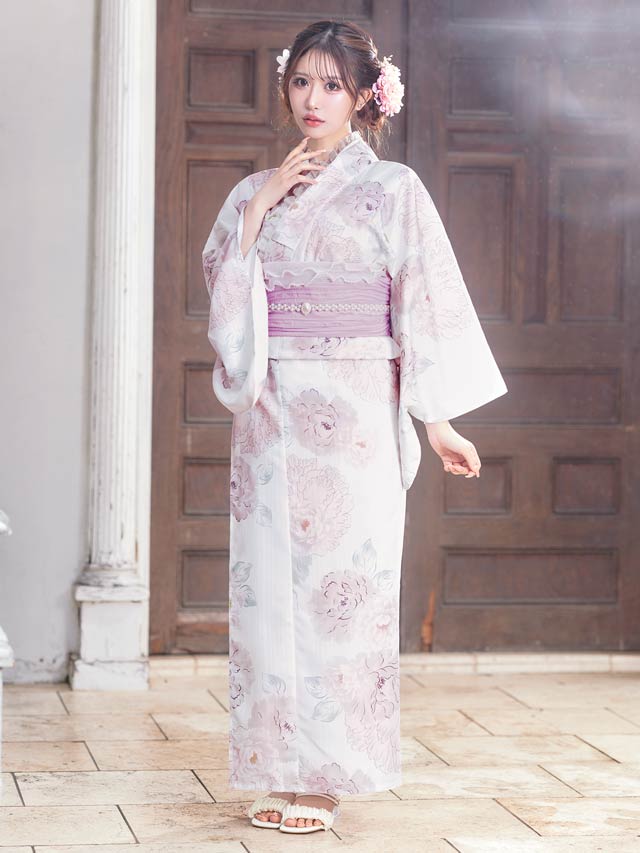 [3点SET]パステル線画八重咲薔薇柄浴衣【YUKATA by dazzy 2025】