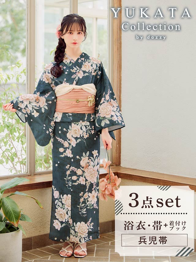 [3点SET]緑地×レトロ淡薔薇柄浴衣【YUKATA by dazzy 2025】