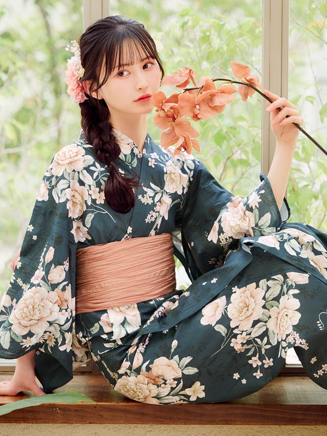 [3点SET]緑地×レトロ淡薔薇柄浴衣【YUKATA by dazzy 2025】