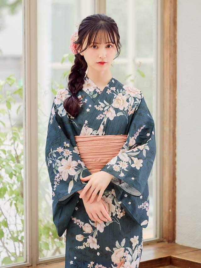 [3点SET]緑地×レトロ淡薔薇柄浴衣【YUKATA by dazzy 2025】