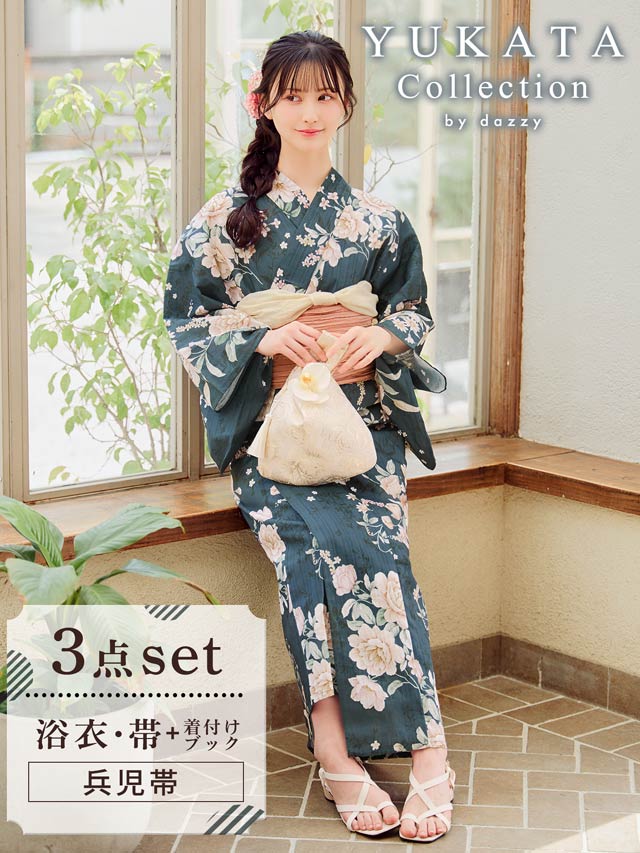 [3点SET]緑地×レトロ淡薔薇柄浴衣【YUKATA by dazzy 2025】