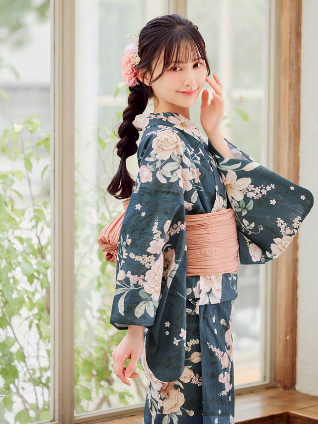 [3点SET]緑地×レトロ淡薔薇柄浴衣【YUKATA by dazzy 2025】