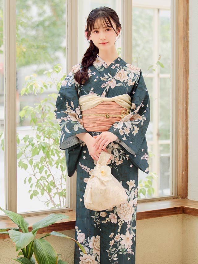 [3点SET]緑地×レトロ淡薔薇柄浴衣【YUKATA by dazzy 2025】