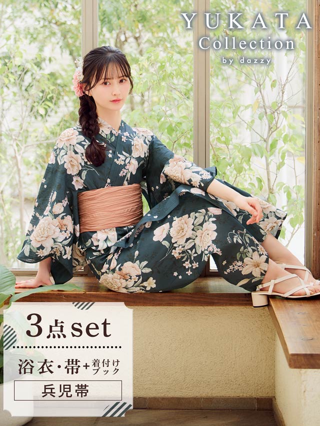 [3点SET]緑地×レトロ淡薔薇柄浴衣【YUKATA by dazzy 2025】
