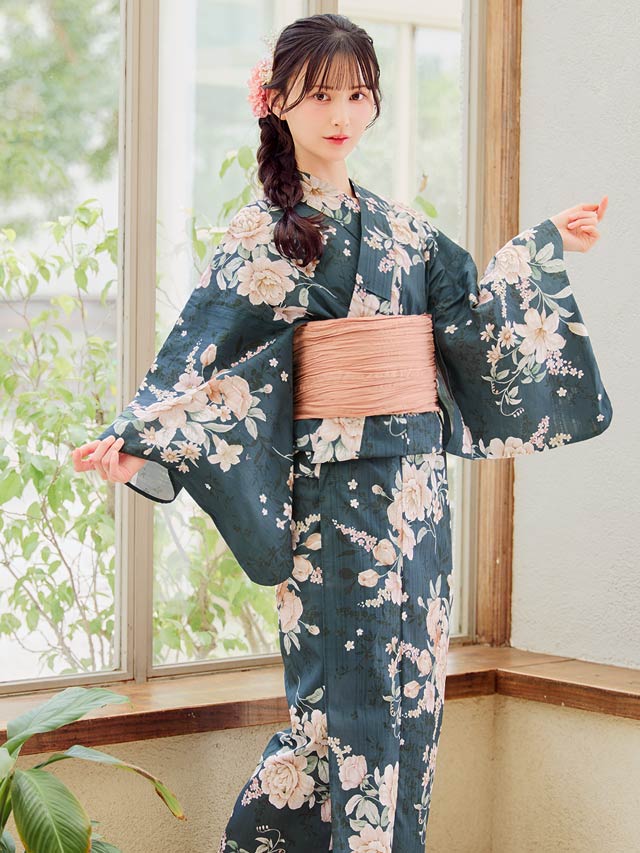 [3点SET]緑地×レトロ淡薔薇柄浴衣【YUKATA by dazzy 2025】