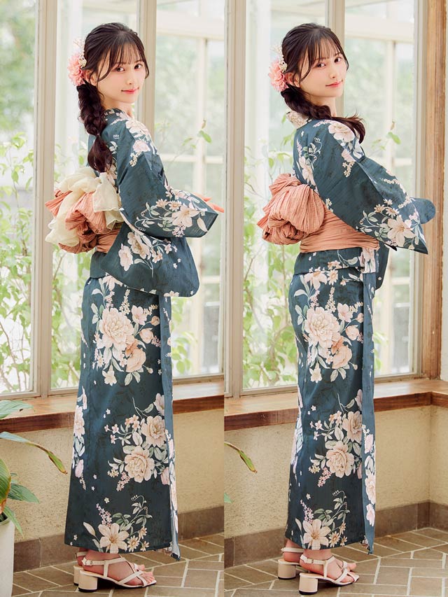 [3点SET]緑地×レトロ淡薔薇柄浴衣【YUKATA by dazzy 2025】