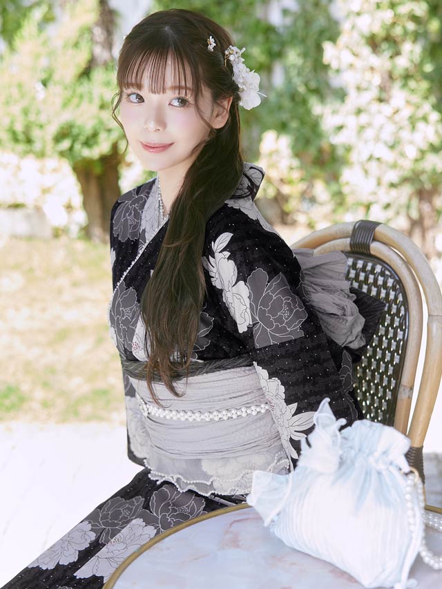 [3点SET]濃紺縦縞×淡牡丹柄浴衣【YUKATA by dazzy 2025】