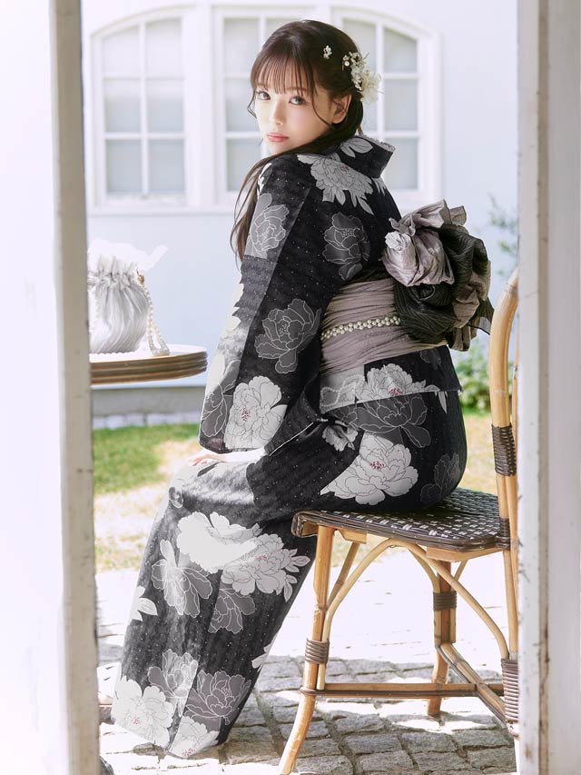 [3点SET]濃紺縦縞×淡牡丹柄浴衣【YUKATA by dazzy 2025】